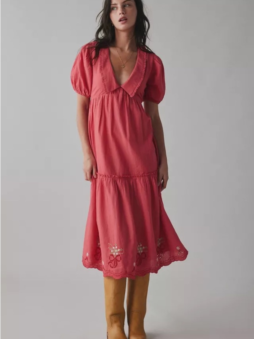 Urban Outfitters Coral Puff-Sleeve Embroidered Midi Dress